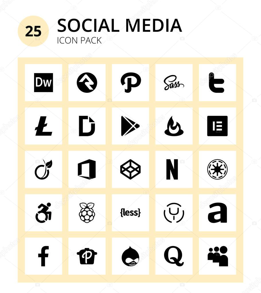 Set of 25 Social Logo republic, netflix, google, codepen, viadeo Editable Vector Design Elements