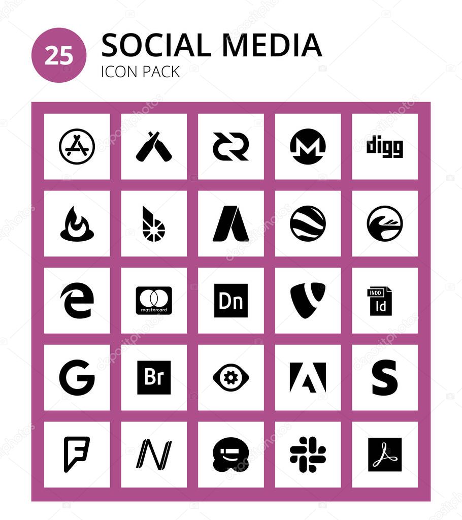 Pack of 25 Social Logo indd, adobe, adwords, dimension, mastercard Editable Vector Design Elements
