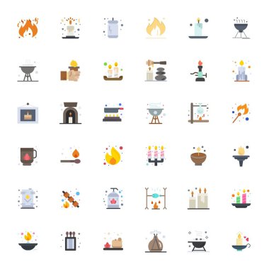 Tutarlı marka temsili ve kullanıcı deneyimi için 64x64 Detail Gelişmiş çözünürlük içeren Alev için dikkatlice düzenlenmiş 36 Düz vektör simgesi.