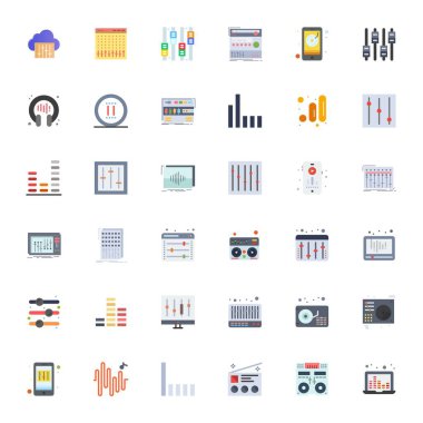 Equalizer 'ı temsil eden 36 yassı vektör simgesinin profesyonel sınıf koleksiyonu, 256x256 kurumsal uygulamalar için düzenlenebilir hassasiyetle hazırlandı.