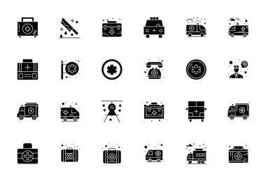 Paramedikler için 24 Dolu Düzenlenebilir vektör simgesinden oluşan endüstri öncü paket, optimum oluşturma ve kullanıcı arayüzü mükemmelliği için 64x64 boyutunda.