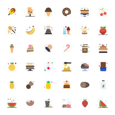 Temel paket 36 Dessert için mükemmel vektör simgelerini düz formatta göster, ideal performans ve ölçeklenebilirlik için 128x128 boyutunda.