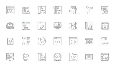 Javascript için 28 İnce Çizgili Piksel Hizalı vektör simgeleri düzenli görsel mükemmellik için 64x64 biçiminde sunulmuştur..