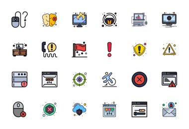 Hata etrafında temalı 24 vektör simgesinden oluşan geleceğe hazır paket, Retina Hazır PIXEL ile doldurulmuş tasarım gösterimi Yenilikçi kullanıcı arayüzleri için mükemmel berraklık.