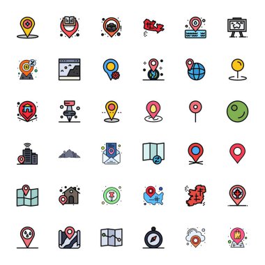 36 Düz Satır profesyonel koleksiyonu Coğrafi temsil eden vektör simgeleri, 128x128 Detail Gelişmiş hassas işletme uygulamaları.