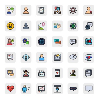 Sosyal medyadan esinlenilmiş 36 Piksel optimize vektör simgesinin yer aldığı son teknoloji ürünü paket, gelecek nesil arayüzler için 64x64 'te Çizgi Doldurulmuş biçiminde oluşturuldu.