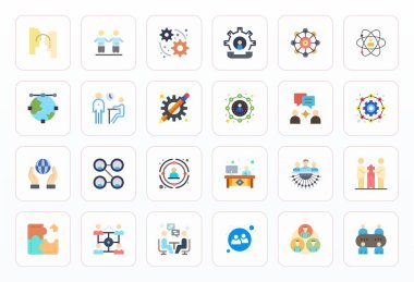 İşbirliği için 24 Düz vektör simgesinden oluşan sofistike bohça, profesyonel uygulamalar için 64x64 Izgara ile donatılmış netlik.