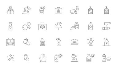 İnce Hat tasarımında dezenfektanı temsil eden 28 vektör simgesi oluşturuldu, 64x64 Olağanüstü görsel kalite için mükemmel çözünürlüğü göster.