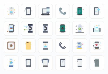 Modern uygulama geliştirme için 256x256 Piksel Optimize çözünürlüğe sahip, Düz Estetik Mobil Telefon 'u temsil eden 24 vektör simgesinin çağdaş koleksiyonu.