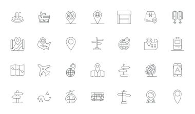 İnce Çizgi Estetik 'te Varış için 28 vektör simgesinden oluşan modernize edilmiş set, Retina Hazır PIXEL Mükemmel çözünürlük sorunsuz kullanıcı deneyimleri için.