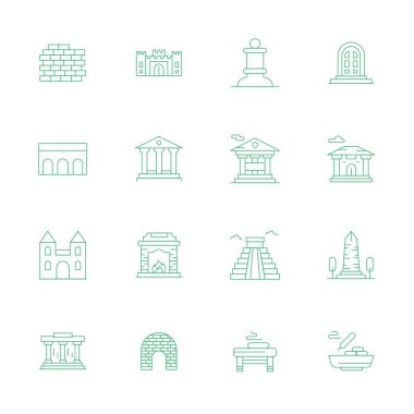 İnce Çizgi Tasarımı 'nda 16 Retina Hazır vektör simgesi kümesi, Pikselleştirilmiş netlik içeren Taş kavramları etrafında ortalanmış.