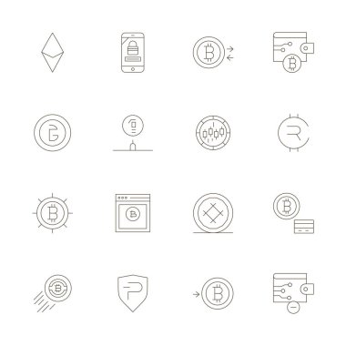İnce Çizgi Estetik 'te Kripto' yu temsil eden 16 vektör simgesinin nihai koleksiyonu, Retina Hazır Maksimum etki için mükemmel çözünürlüğü göstererek optimize edildi.