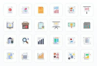 Finansal Raporu temsil eden 24 yassı vektör simgesinin profesyonel sınıf koleksiyonu, Retina Hazır Detay Geliştirilmiş kurumsal uygulamalar için hassasiyet geliştirilmiş.