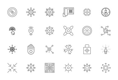 Merkez çevresinde 24 vektör simgesinden oluşan geleceğe hazır paket, 256x256 Detay Ayrıntılı Kalın Çizgi Tasarımı Yenilikçi kullanıcı arayüzleri için geliştirilmiş berraklık.