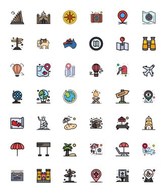 Yüksek Çözünürlüklü Detay Gelişmiş çözünürlük ile optimize edilmiş, Hatteki Turizmi temsil eden 42 vektör simgesinin nihai koleksiyonu azami etki için.