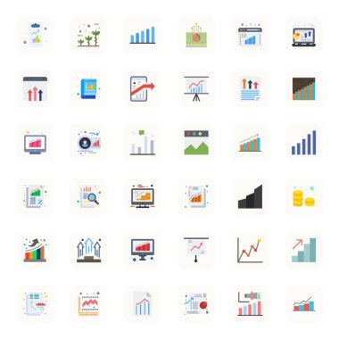 Modern uygulama geliştirme için 128x128 düzenlenebilir çözünürlüğe sahip, Düz estetik 'te Artan 36 vektör simgesinin güncel koleksiyonu.