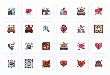 Yakınlık etrafında temalı 24 vektör simgesinden oluşan tam paket, 256x256 modern arayüzler için düzenlenebilir kalite ile Dolu Satır tasarımı sergileniyor.