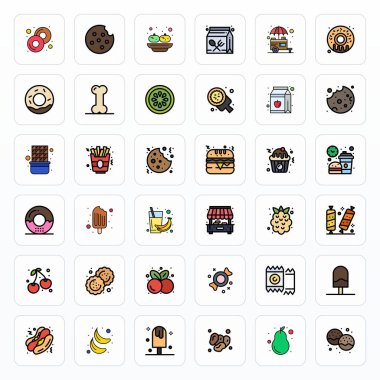 Atıştırmalık için 36 adet doldurulmuş çizgi pikseli optimize vektör simgesi, Retina 'da oluşturuldu. Platformlar arasında çarpıcı görsel tutarlılık için çözünürlüğe hazır..