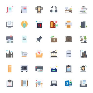 Ofis için 36 yassı vektör simgesinden oluşan sofistike deste, profesyonel uygulamalar için 128 'e 128 şebeke ile tasarlanmış..