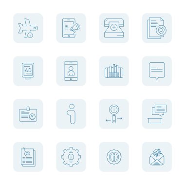 Info çevresinde 16 vektör simgesinden oluşan geleceğe hazır paket, yenilikçi kullanıcı arayüzleri için Yüksek Çözünürlüklü Izgara Uyumlu netlik ile İnce Çizgi Tasarımı sergileniyor.