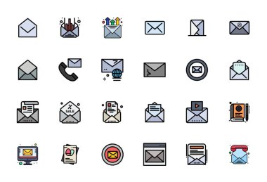 Modern uygulama geliştirme için Yüksek Çözünürlüklü Pikselli Çözünürlük Özelleştirilmiş Çözünürlüğü içeren, Satır İçi Dolu Estetik ile Haber Bülteni 'ni temsil eden 24 vektör simgesinin çağdaş koleksiyonu.