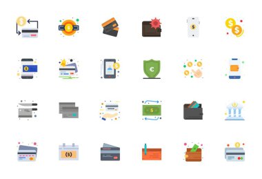 Yüksek Çözünürlüklü Detay Gelişmiş formatta modern gösterge panelleri ve arayüzler için tasarlanmış, Kredi 'yi temsil eden 24 Düz vektör simgesinden oluşan temiz bir koleksiyon.