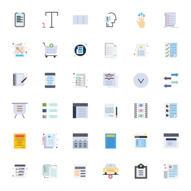 Modern gösterge panelleri ve arayüzler için geliştirilmiş biçimlendirilmiş 128x128 Detail Detail Detail biçiminde tasarlanmış 36 Düz vektör simgesinden oluşan temiz bir koleksiyon.