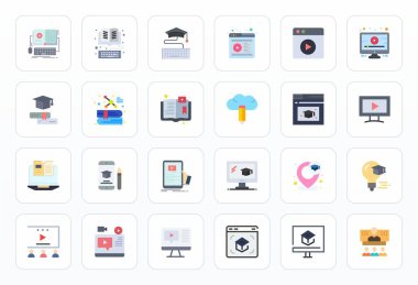 Çevrimiçi Öğrenme için 24 Düz vektör simgesinin istisnai koleksiyonu, benzersiz görsel mükemmellik ve kullanılabilirlik için 256x256 Izgara Uyumlu çözünürlükte teslim edilir.