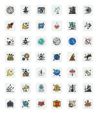 Dijital ürünler için uygun 128x128 pikselle uzay için özel olarak tasarlanmış, Çizgi Doldurulmuş 42 vektör simgesinden oluşan dinamik bir set.