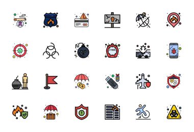 Risk için geliştirilmiş 24 Satır Doldurulmuş Detay Vektör simgelerinin Koleksiyonu, netlik ve çok yönlülük için Yüksek Çözünürlük biçiminde tasarlanmıştır.