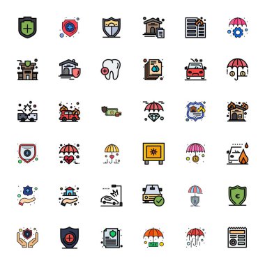 Sigorta teması için hazırlanmış 36 adet Düz Hat vektör simgesi keşfedin, 256x256 Detail Gelişmiş tasarımlar modern UI / UX projeleri için idealdir.