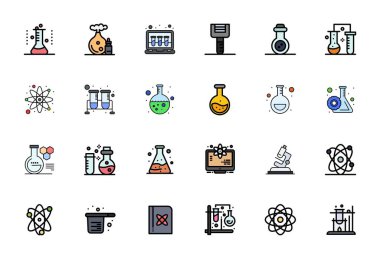 64x64 Piksel Optimize çözünürlükte fevkalade görsel kalite içeren Düz Çizgi Tasarımı 'nda Kimya' yı temsil eden 24 vektör simgesi oluşturuldu.