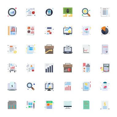Düz dizaynlı 36 Retina Hazır vektör simgelerinden oluşan küratörlü paket, Piksel Hizalı netlik ile merkezli Finansal Rapor kavramları etrafında.