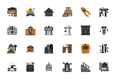 İnşaat için 24 Satır Dolu vektör simgelerinin özel koleksiyonu, 256x256 Detail Gelişmiş çözünürlük Premium marka deneyimleri için geliştirilmiştir.