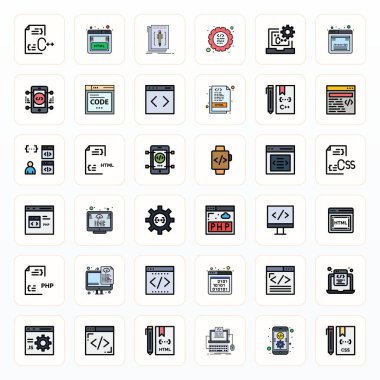 Dolu Satır tasarımında programlama dilini temsil eden 36 vektör simgesi oluşturuldu, Retina Hazır Ayrıntılı Gelişmiş çözünürlük istisnai görsel kalite için.