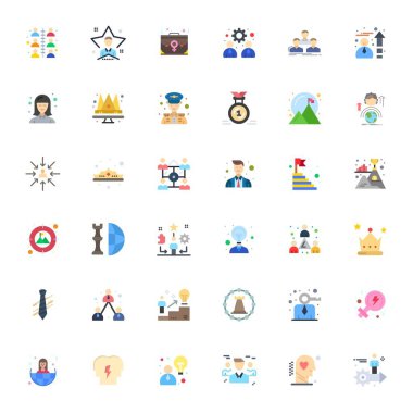 Düz estetikte Liderliği temsil eden 36 vektör simgesinin nihai koleksiyonu, azami etki için Yüksek Çözünürlüklü Düzenlenebilir Çözünürlük ile optimize edilmiştir.