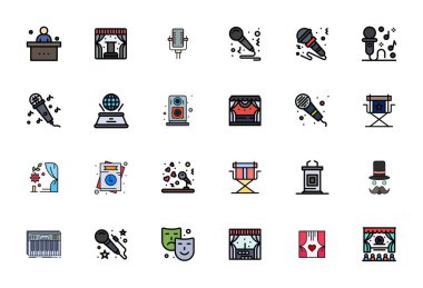 Sahne etrafında temalı 24 Düz Çizgi Dolu Izgara vektör simgesi seti, uygulamalar ve web sitelerinde sorunsuz entegrasyon için Yüksek Çözünürlük çözünürlüğünde hazırlandı.