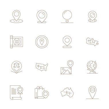Mobil ve web uygulamaları için ideal Crisp 128x128 formatında sunulan, coğrafi odaklı 16 İnce Çizgili Pikselleştirilmiş vektör simgelerinden oluşan çok yönlü bir set.