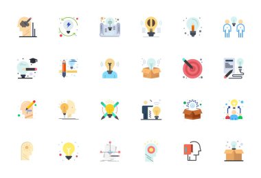 Yüksek Çözünürlüklü Pixel Optimize Tasarımlar modern UI / UX projeleri için ideal olan, Fikir teması için hazırlanmış 24 adet düz vektör simgesi keşfedin.