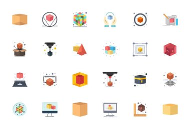 Dijital ürünler için Yüksek Çözünürlüklü Izgara Uyumlu Küp için tasarlanmış, Düz 'de 24 vektör simgesinden oluşan dinamik bir set.