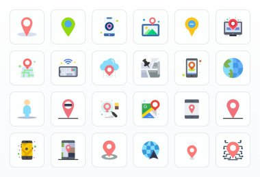 Sayısal Harita için 24 Düz vektör simgesinin yer aldığı el yapımı koleksiyon, kaliteli dijital deneyimler için Retina Hazır Düzenlenebilir çözünürlükte optimize edildi.