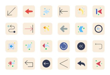 Modern UI / UX projeleri için ideal 64x64 Izgara tasarımlı, Önceki Adım teması için hazırlanmış 24 Düz vektör simgesinden oluşan bir set keşfedin.