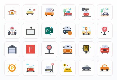 Park yeri etrafında temalı 24 vektör simgesinden oluşan geleceğe hazır paket, 128x128 Yenilikçi kullanıcı arayüzleri için düzenlenebilir berraklığa sahip Düz tasarım sergileniyor.
