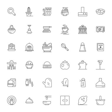 Sanatsal olarak tasarlanmış 36 Kalın Çizgi Görünüm Mutfak için mükemmel vektör simgeleri, tutarlı görsel mükemmellik için 128x128 biçiminde teslim.