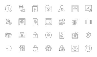 28 İnce Çizgi vektör simgesinden oluşan profesyonel sınıf koleksiyon Kilitli, Retina Hazır PIXEL ile hazırlanmış Girişim uygulamaları için mükemmel hassasiyet.