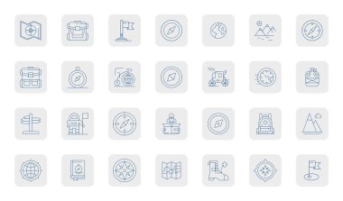 Yolculuk için 28 İnce Taslak vektör simgesinden oluşan el yapımı koleksiyon, 128x128 Detail Gelişmiş dijital deneyimler için geliştirilmiş çözünürlük.