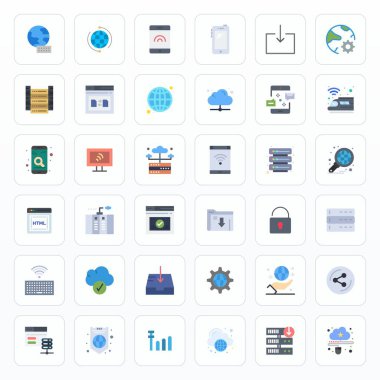 Düz estetik internet için 36 vektör simgesinden oluşan modernize edilmiş set, sorunsuz kullanıcı deneyimleri için düzenlenebilir 64x64 çözünürlük.