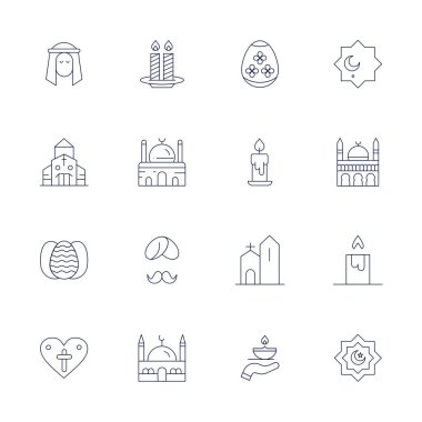İnce Satır biçiminde Dini temsil eden 16 vektör simgesinin yer aldığı stratejik paket, profesyonel iş akışları için 64x64 Piksel hizalı kalite.