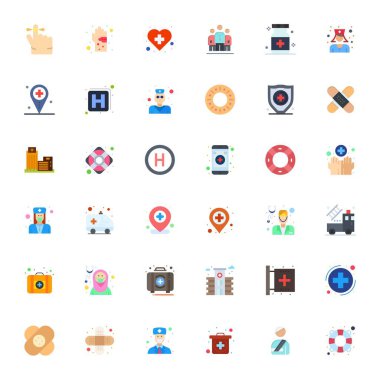 En iyi performans ve ölçeklenebilirlik için 64x64 boyutlarında, Düz İlk Yardım için 36 Piksel hizalanmış vektör simgeleri.