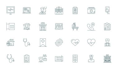 Hasta 'yı temsil eden 28 ince çizgi vektör simgesinden oluşan profesyonel sınıf koleksiyon, 64x64 PIXEL Mükemmel PIXEL.